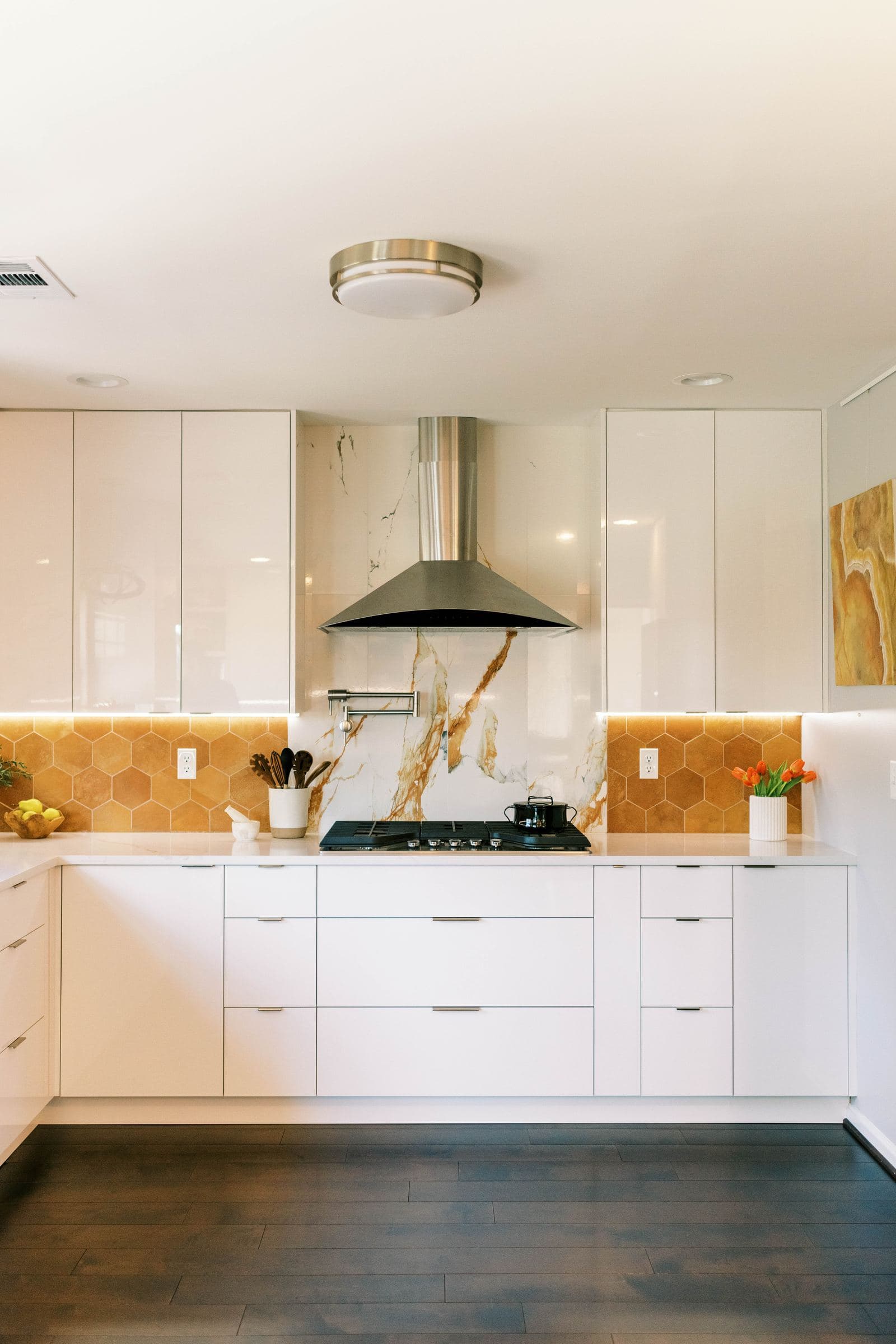 White flat-panel kitchen with a terracotta hexagon tile backsplash and stainless hood